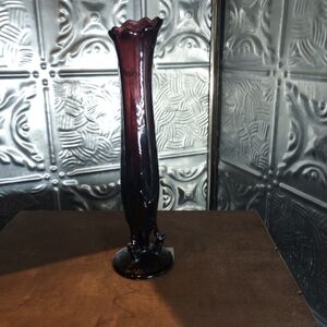 Vintage Amethyst Swung Glass Bud Vase Unique Footed Flower Art Deep Purple Color